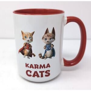 Karma Cats Coffee Cup Mug White Red Cat Lover Super Hero‎ NEW NWT